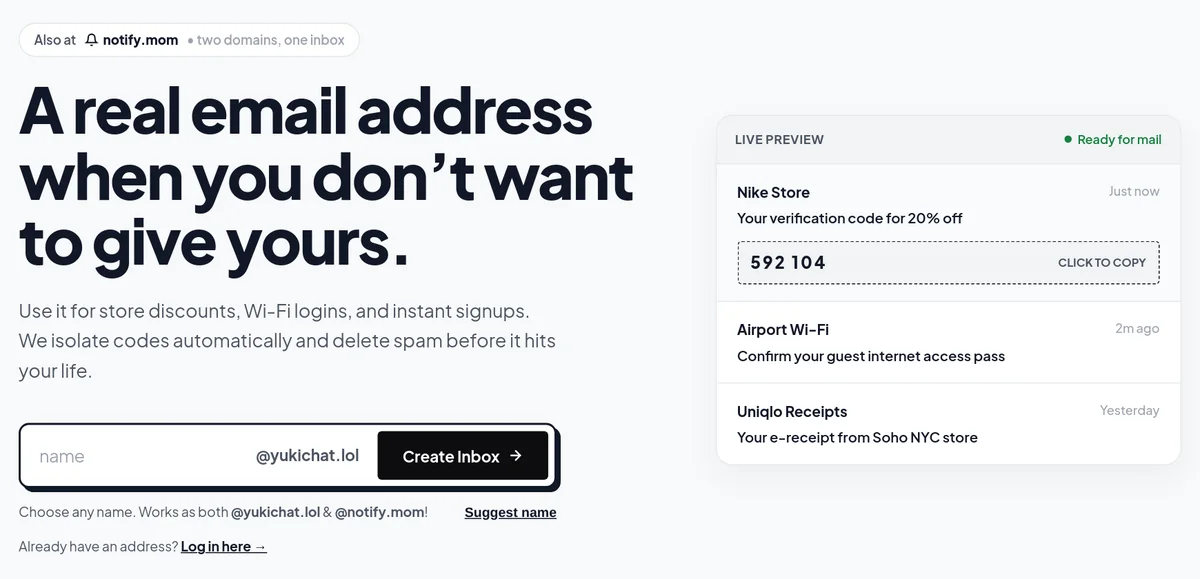 YukiMail: create an inbox and see verification codes