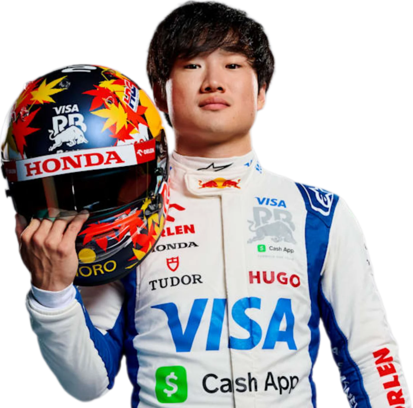 Yuki Tsunoda holding his race helmet